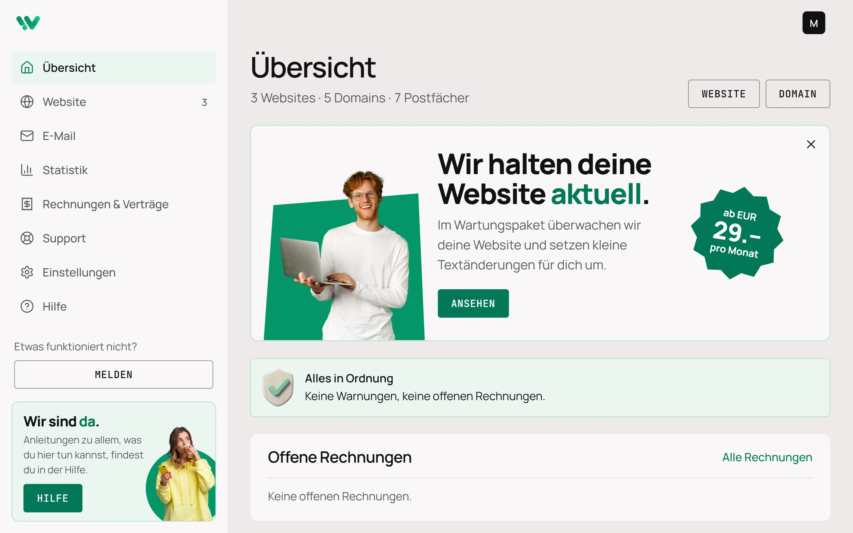 Weblio Kundenbereich: Übersicht mit Websites, Rechnungen und letzten Aktivitäten