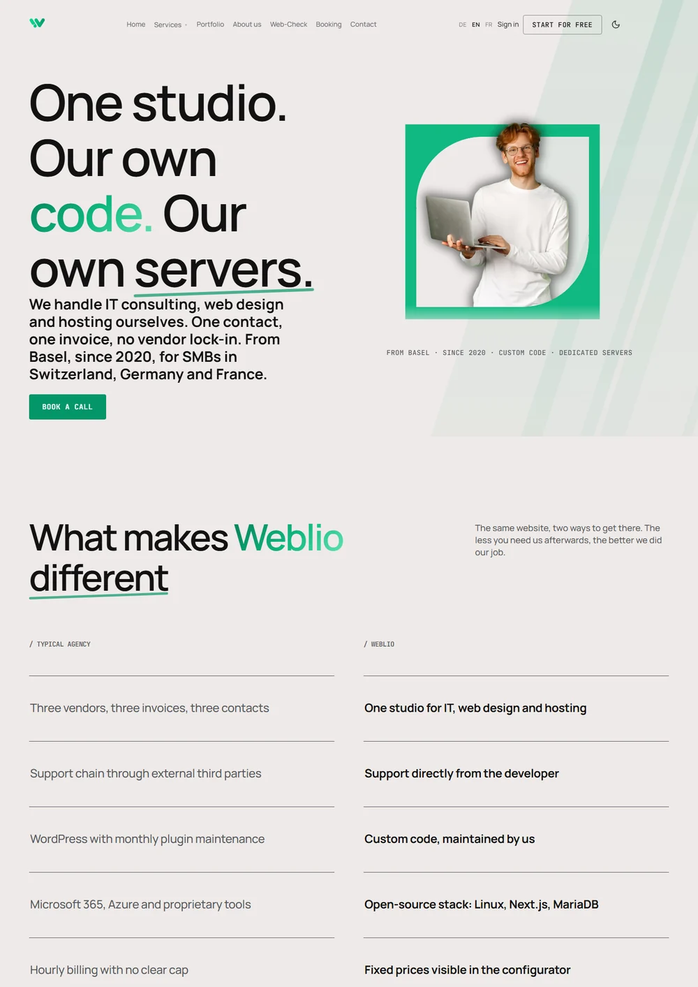 The Weblio about page titled "one studio, our own code, our own servers", with a red-haired man in glasses at an open laptop