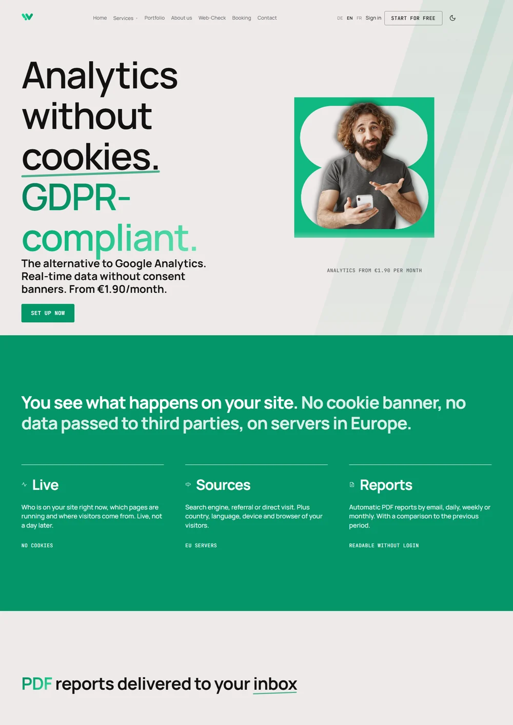 The Weblio analytics page titled "your website, analysed, GDPR compliant", with a man with curly hair and a beard holding a smartphone