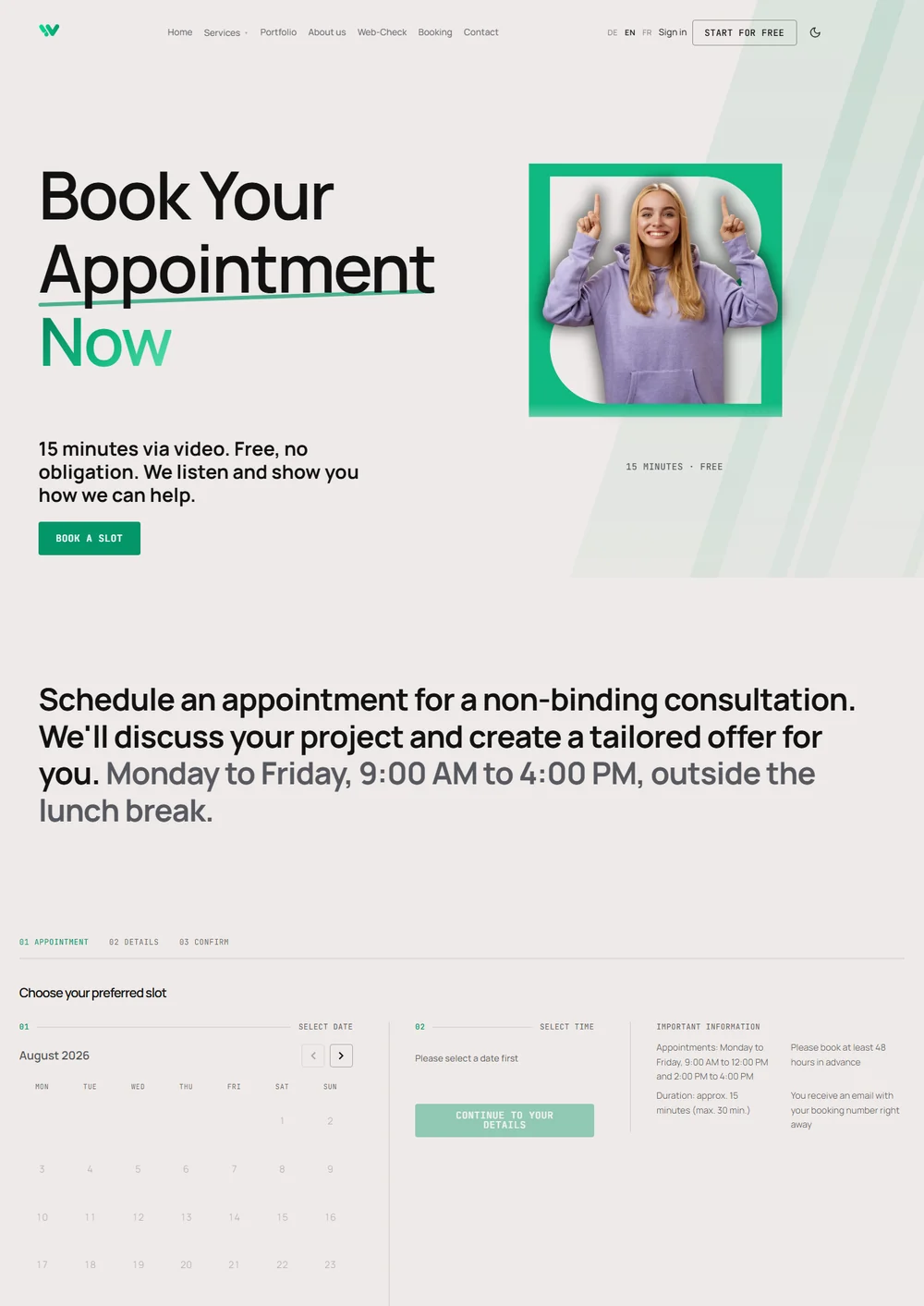 The Weblio booking page titled "book an appointment now", noting 15 free minutes, with a blonde woman in a purple hoodie