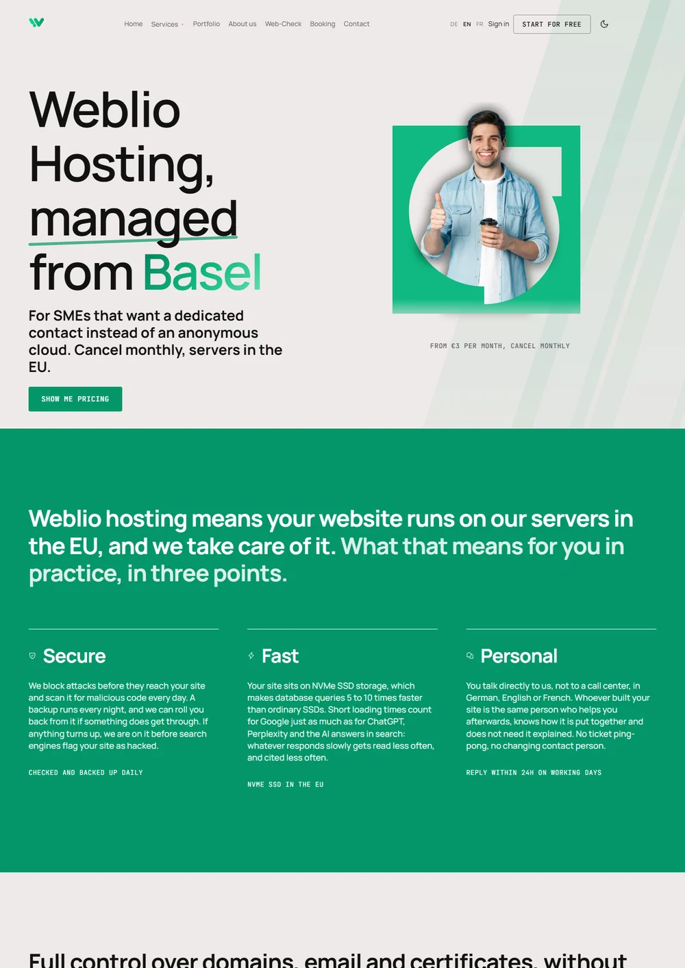 The Weblio hosting page titled "web hosting on our own EU servers", with a man in a denim shirt holding a coffee cup and giving a thumbs up