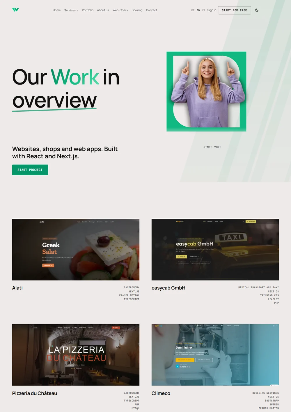 The Weblio portfolio page titled "our work at a glance", with a blonde woman in a purple hoodie pointing upwards with both index fingers