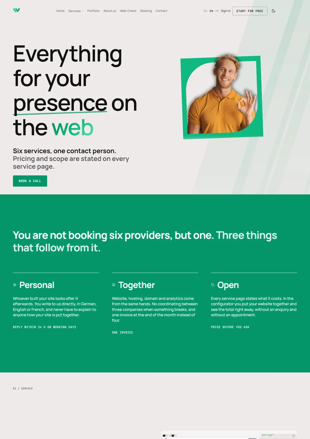The Weblio services page titled "everything for your presence online", with a man in an orange polo shirt making an okay sign