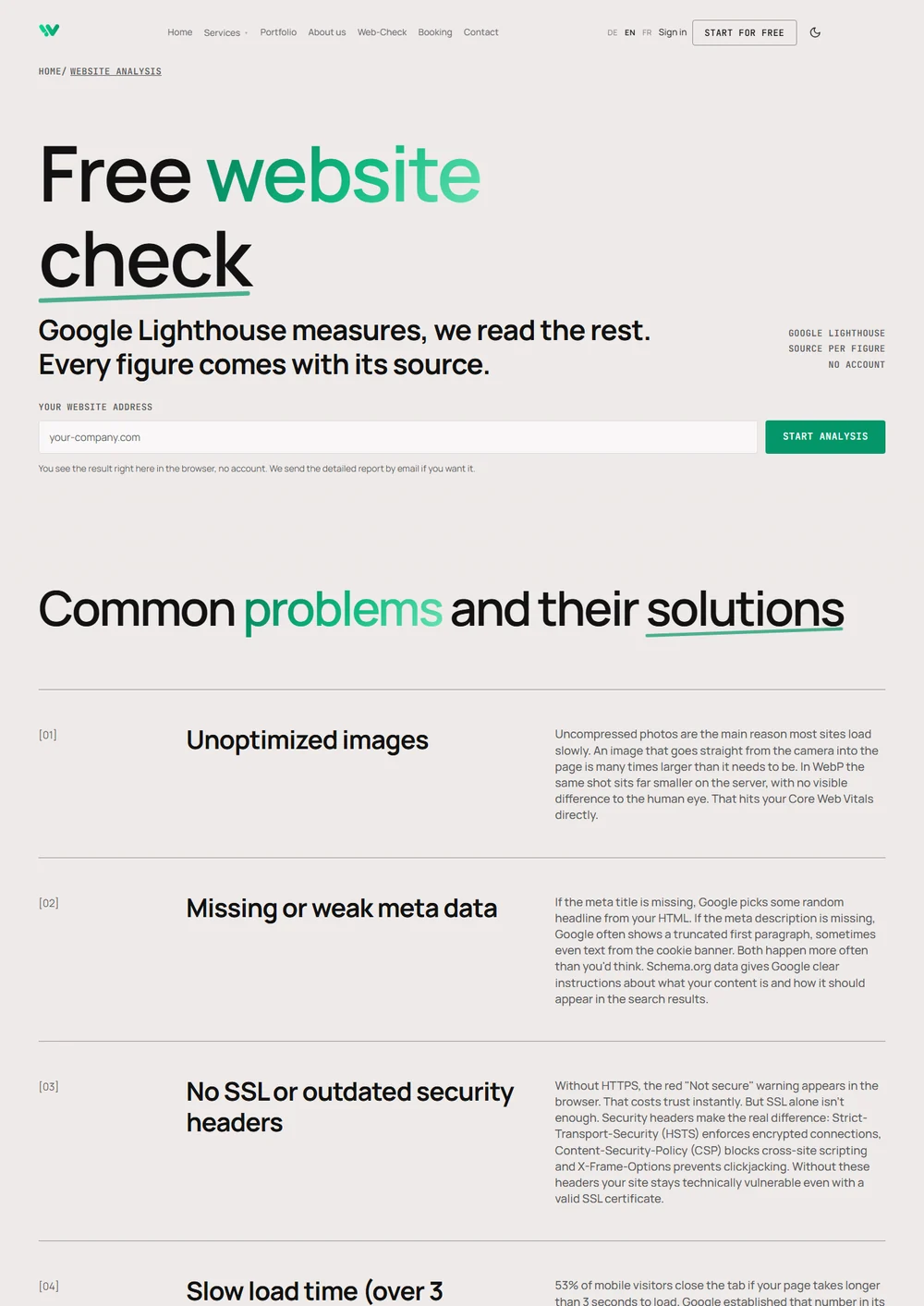 The Weblio website analysis page with the input field for your own address and the green button that starts the analysis