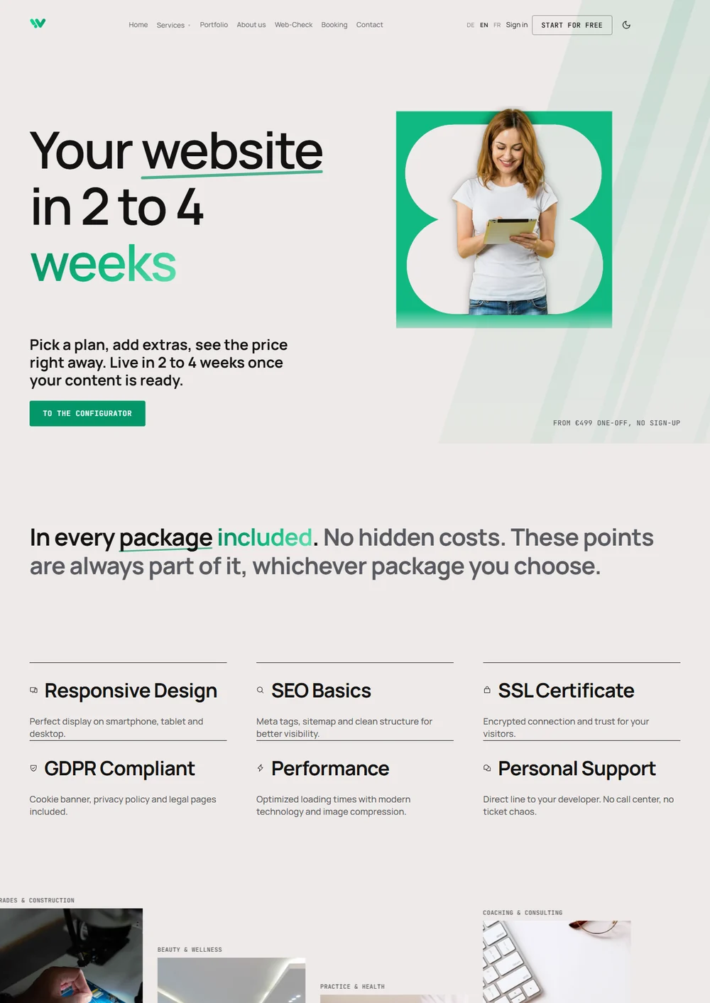 The Weblio web design page with the line "your website in 2 to 4 weeks", a woman in a white shirt holding a tablet and the button to the configurator