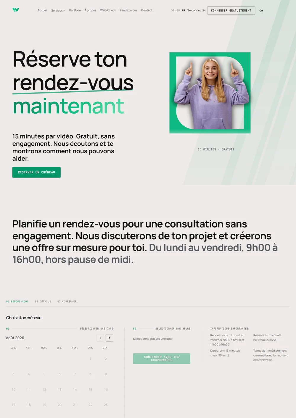 La page rendez-vous de Weblio intitulée "prends rendez-vous", avec la mention de 15 minutes gratuites et une femme blonde en sweat à capuche violet