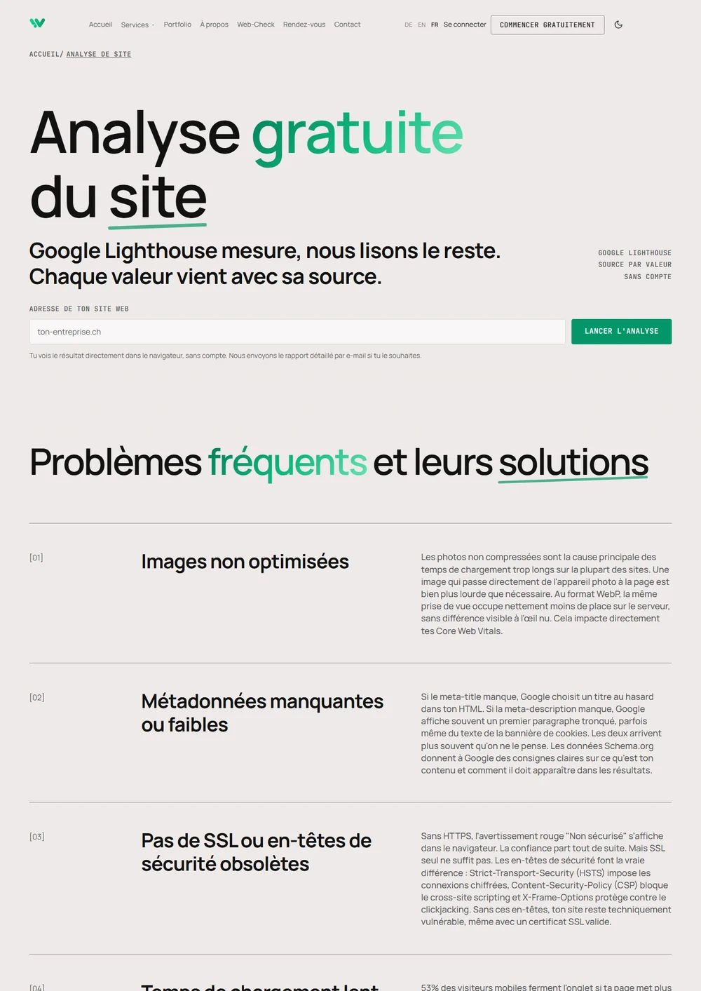 La page analyse de site de Weblio avec le champ de saisie pour ta propre adresse et le bouton vert qui lance l'analyse